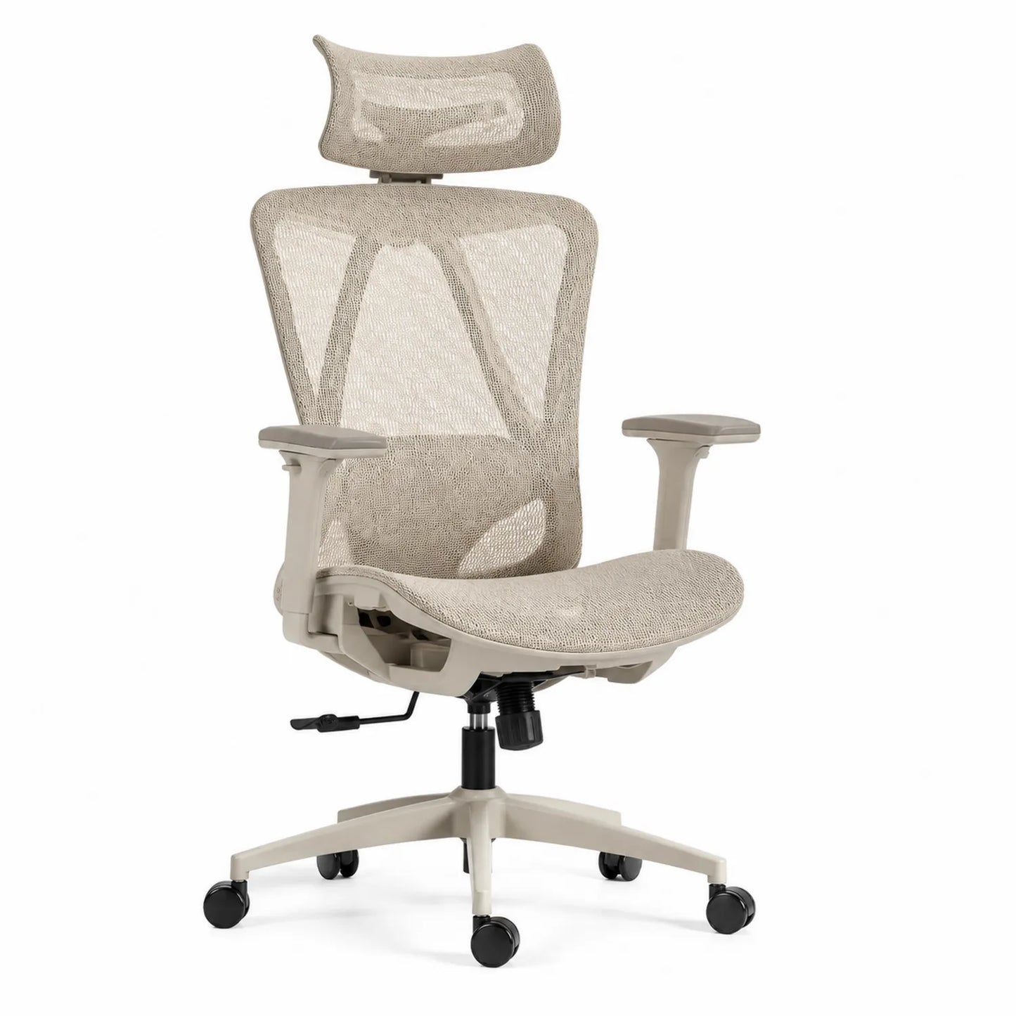 Sedia ergonomica in rete beige con braccioli regolabile