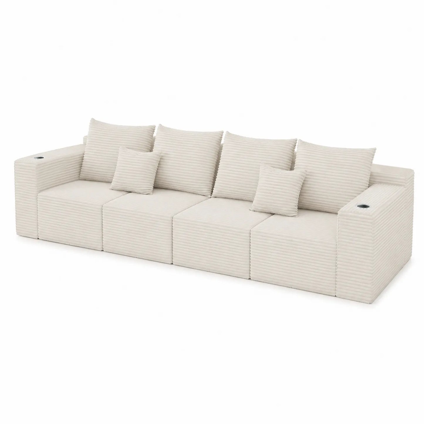 Divano modulare in tessuto beige 4 posti con cuscini