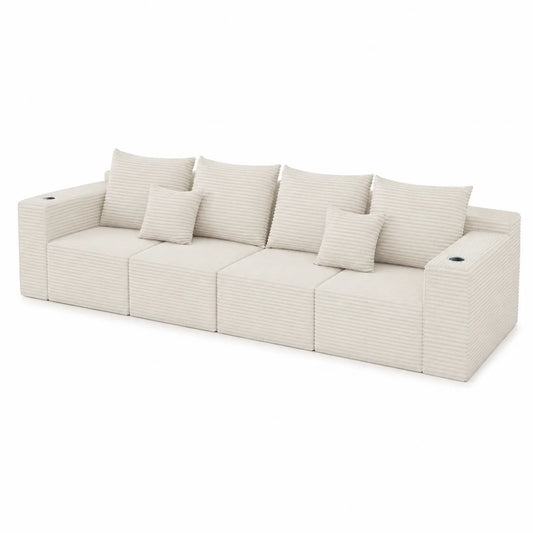 Divano modulare in tessuto beige 4 posti con cuscini