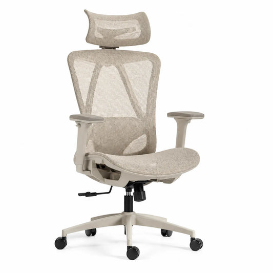 Sedia ergonomica in rete beige con braccioli regolabile