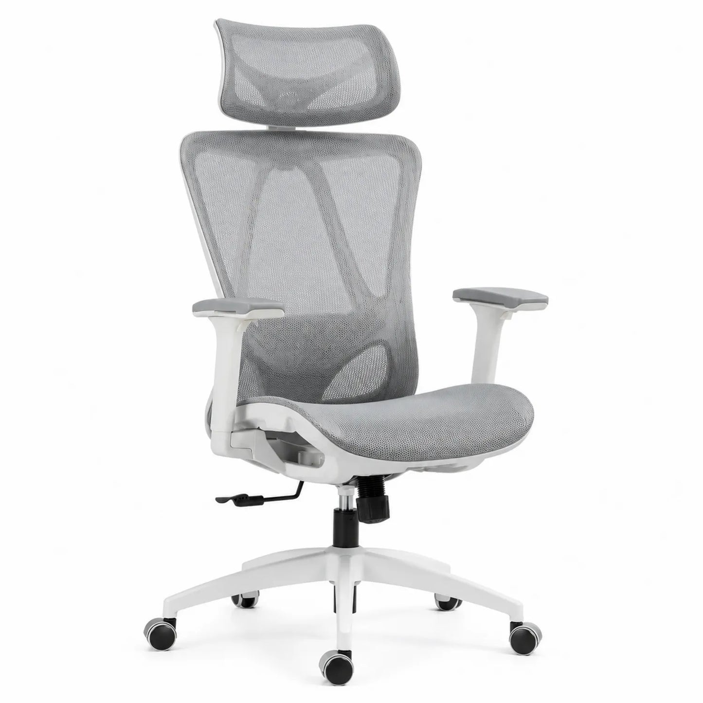 Sedia ergonomica in rete grigia con schienale alto e poggiatesta