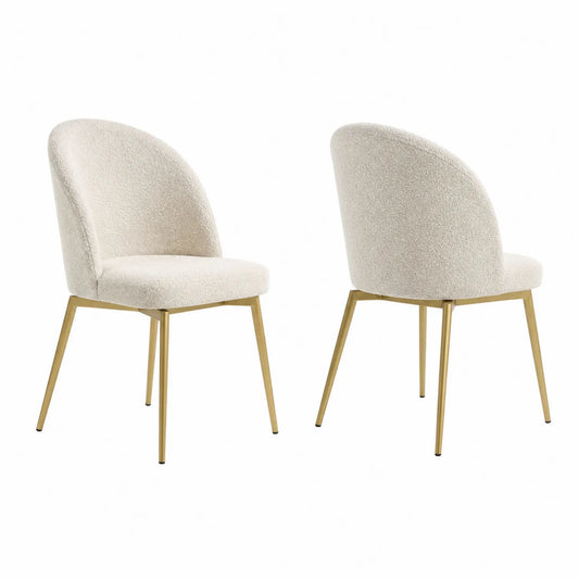Sedie da pranzo in tessuto crema e metallo dorato, set di 2