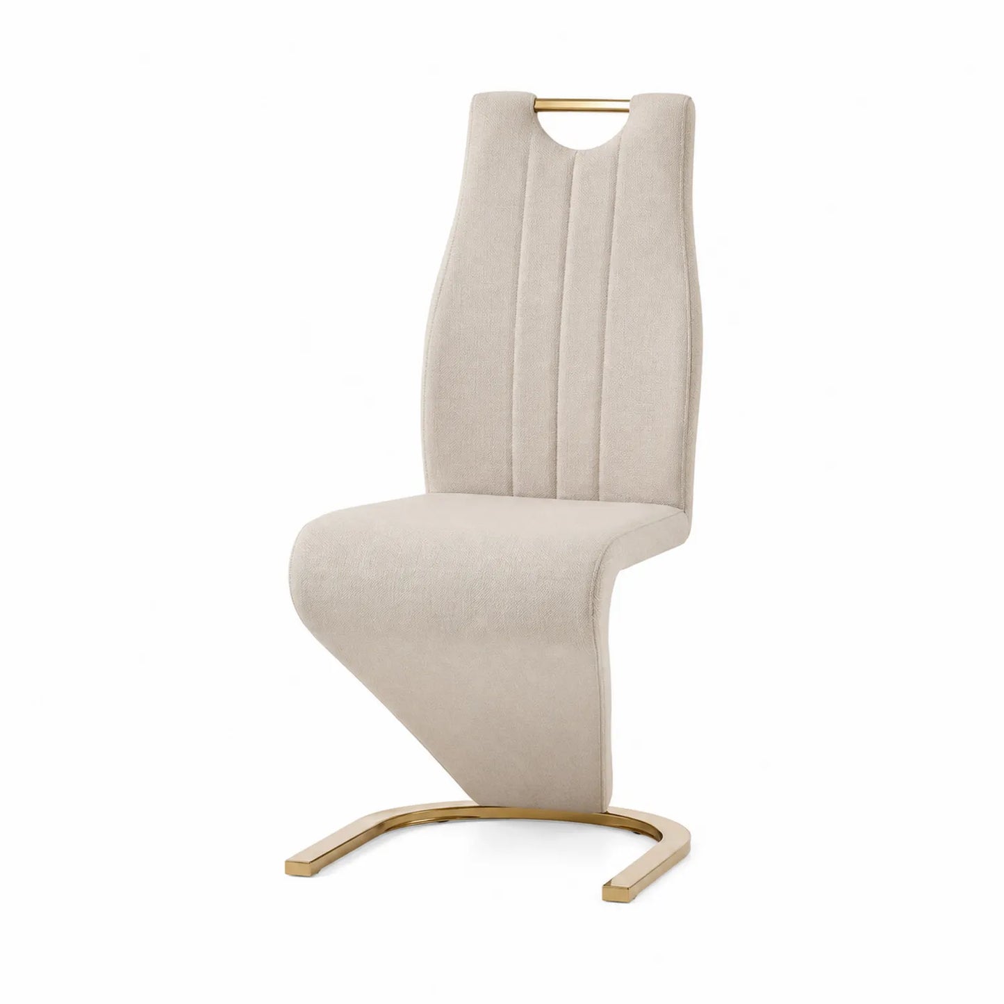 Sedia da pranzo in tessuto beige con struttura in metallo dorato