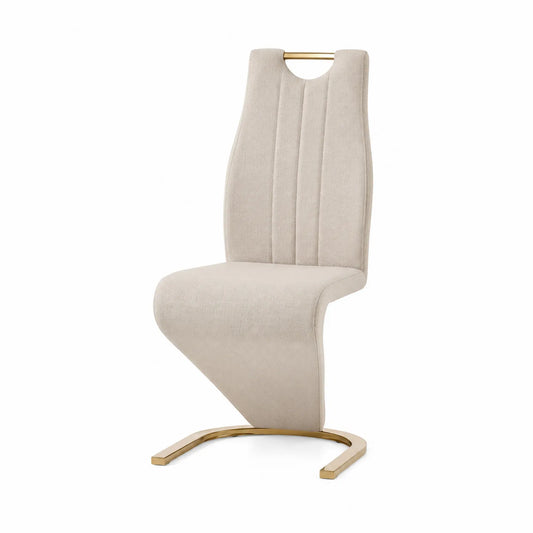 Sedia da pranzo in tessuto beige con struttura in metallo dorato