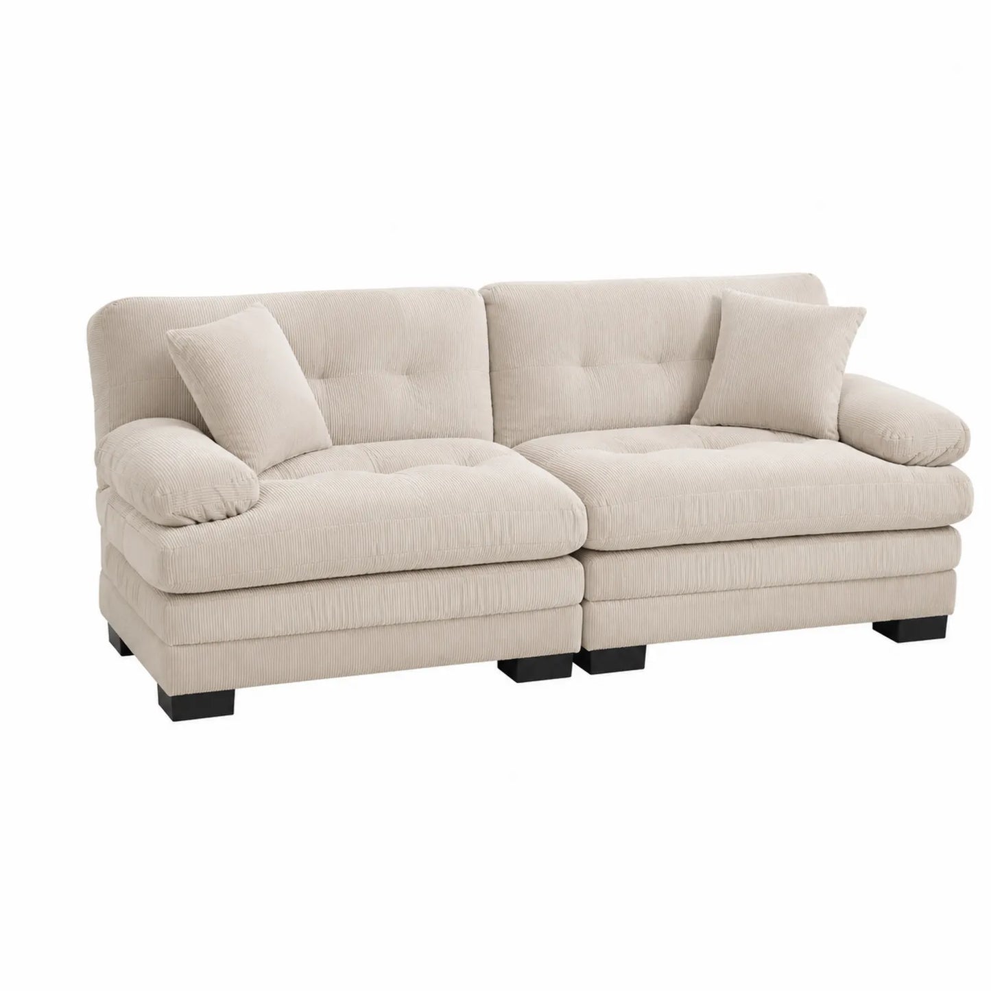 Divano angolare in cotone a coste beige con cuscini